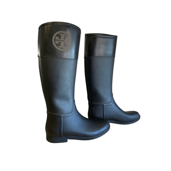 Tory Burch Black Knee High Leather Rubber Boots - Picture 7 of 12